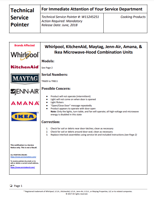 Service Pointer: Microwave-Hood Combination Units 17 technical service pointer
